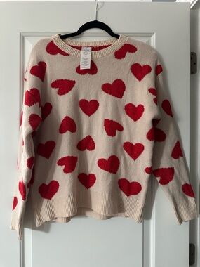 Serra Cozy Cream Sweater with Red Heart Pattern